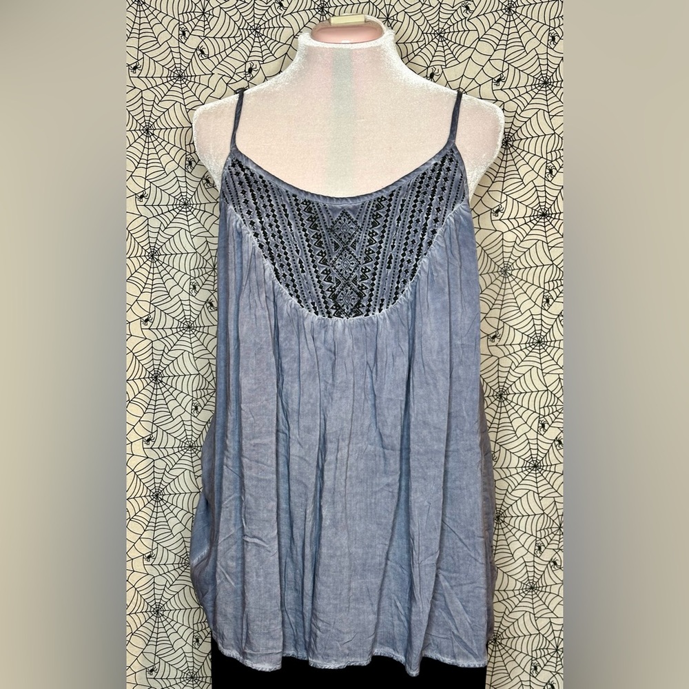 TORRID CHAMBRAY TANK TOP WITH EMBROIDERY DETAILS